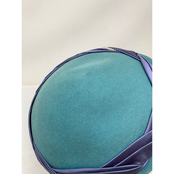 Glenover Henry Pollak Teal Blue Felt Hat Purple Ribbon Trim Vintage 1950s Cloche - Picture 5 of 8